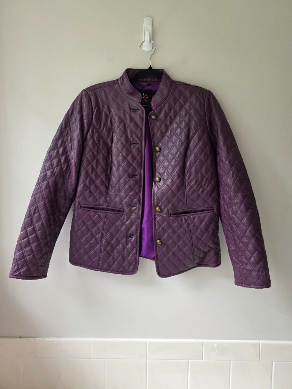 Isaac Mizrahi Live Purple Quilted Genuine Leather Jacket Gold Accent Buttons XS